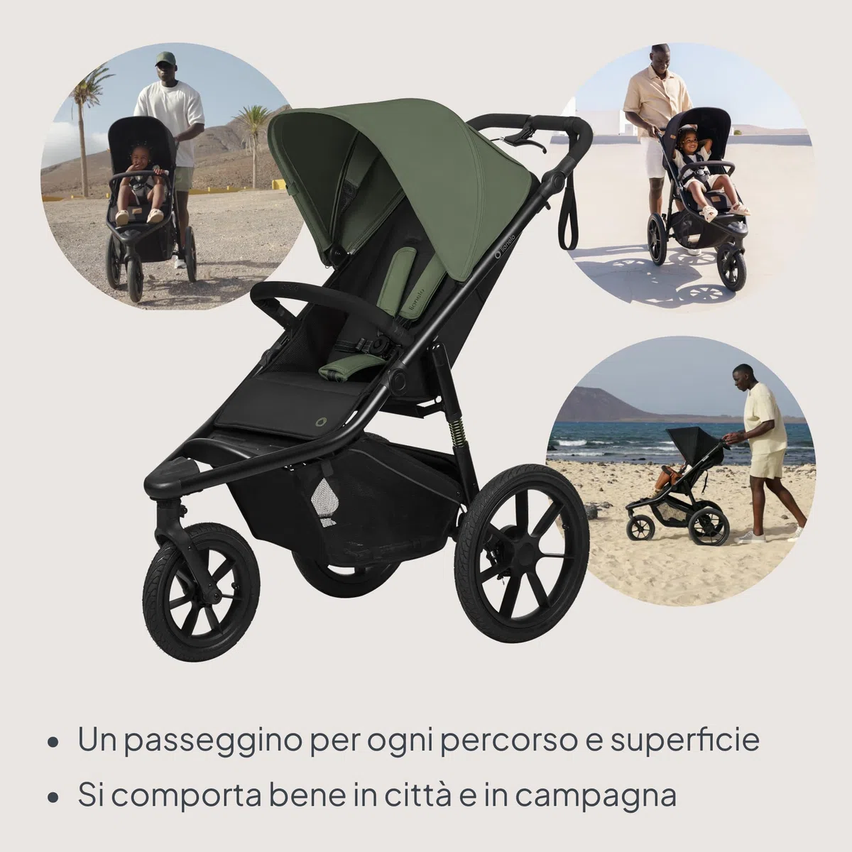 LIONELO AZURA Passeggino compatto da 6 mesi a 22 kg Passeggino a Tre Ruote, Schienale Regolabile Completamente Reclinabile Grandi Ruote Gonfiabili Sospensione Completa Cappottina XXL