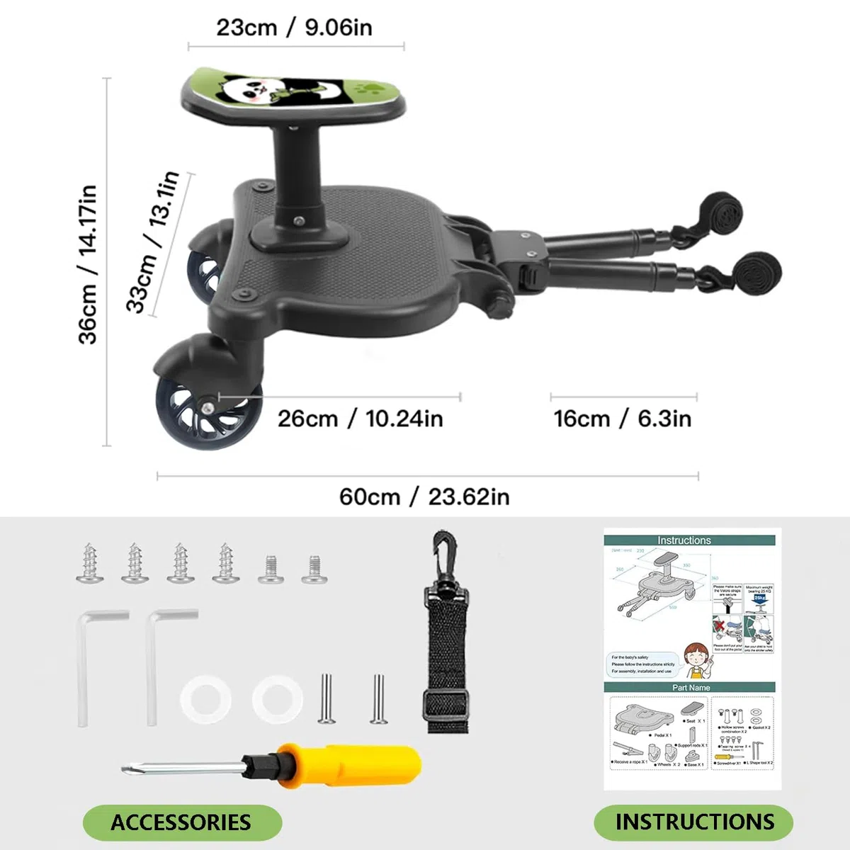 Pedana Passeggino Universale con Sellino,Tavolette Portatili per Passeggini Adatto al 99% dei passeggini, Design a Due Ruote a 360°, Sopportare un peso di 25 kg (Ruote nere)