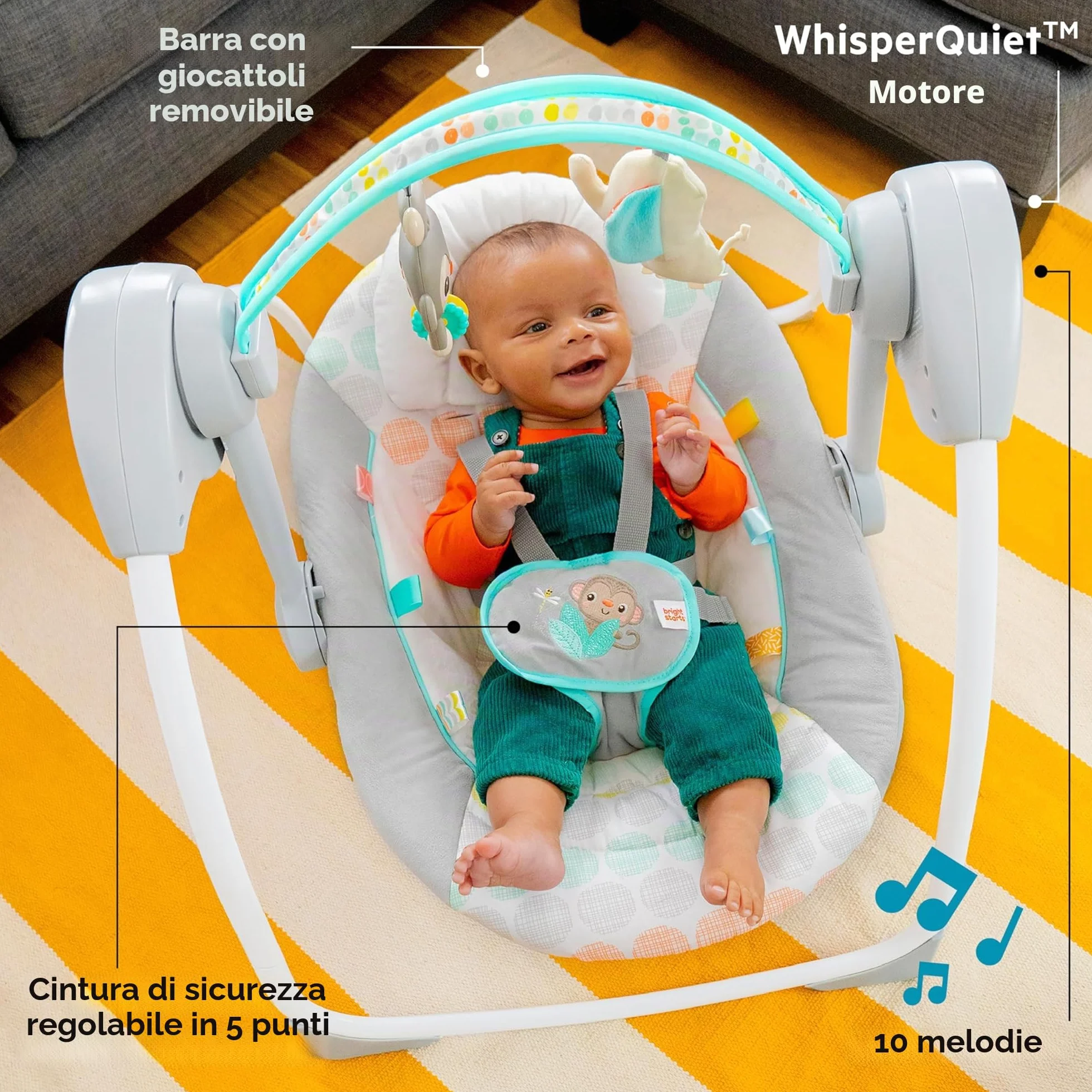 Bright Starts Altalena Automatica Portatile a 6 Velocità per Bambini, Compatta e Pieghevole, Musica, Barra Giocattoli, 0-9 Mesi 3-9 kg (Whimsical Wild)