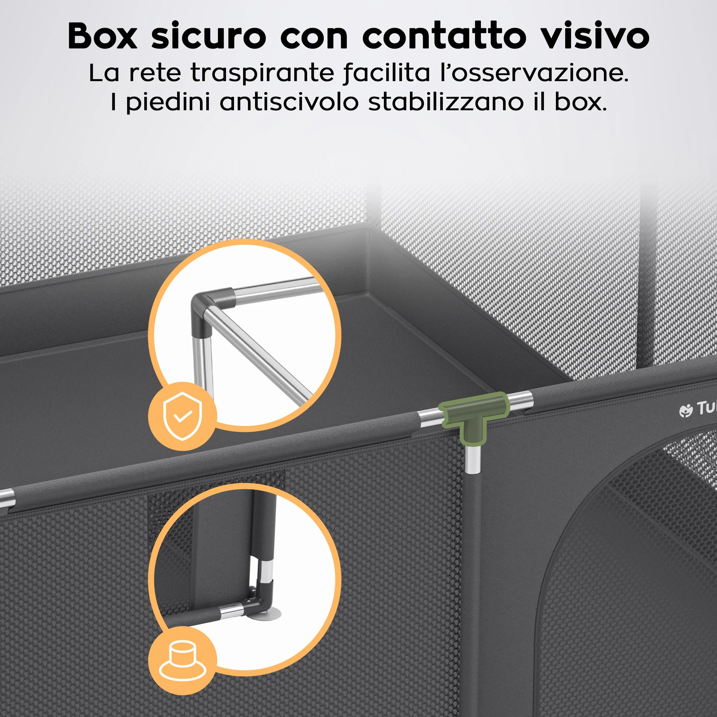 Tulano Cozy 25 Box per Bambini 150x180 cm 6-36 mesi Recinto Neonato con Fondo Struttura in Metallo Rete Traspirante Porta con Cerniera Borsa Inclusa Grafite