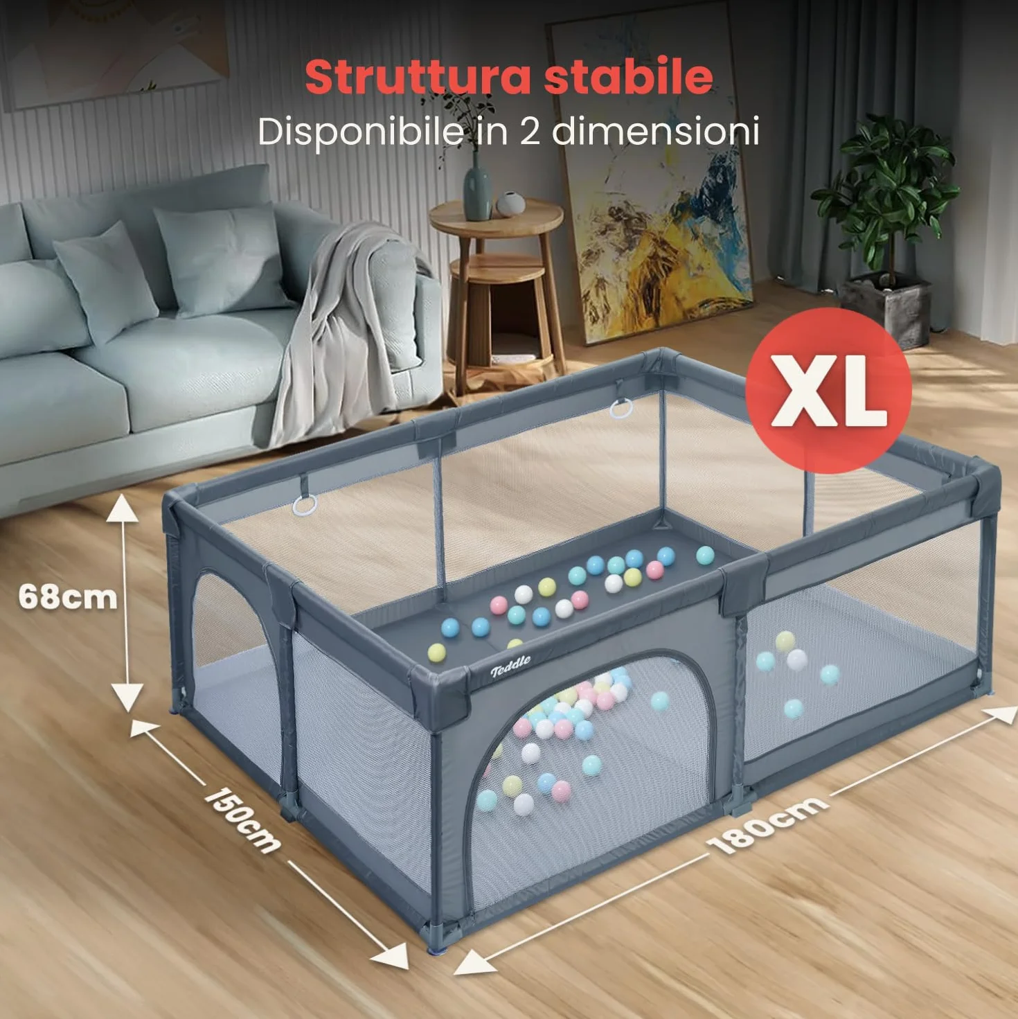 Box Bambini – Incluso Tappeto da Gioco Double-Face - Recinto per Bambini con 50 Palline – 180 x 150 cm – Box Neonato Per Uso Interno ed Esterno – Box per Bambini (Grigio, 180x150cm)