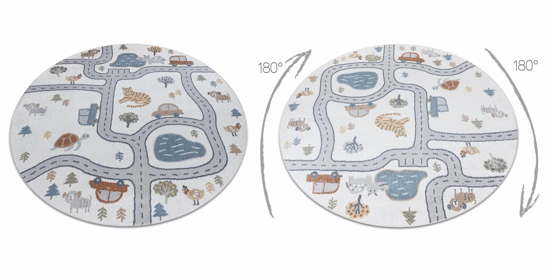 rugsx Tappeto bambini BONO 8283 Per la stanza del bambino, tappeti da gioco, camera dei bambini, Strada, animali, crema/grigio chiaro, cerchio 100 cm