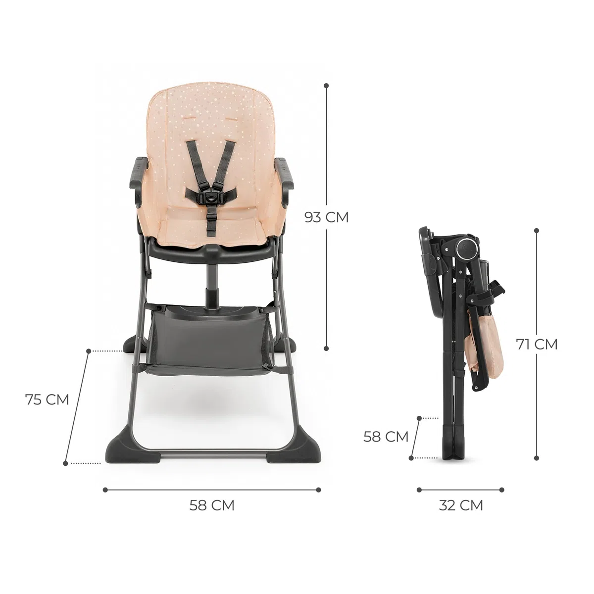 Kinderkraft FOLDEE Seggiolone Pappa, Portatile, Sedia bambini da tavolo, Pieghevole in dimensioni compatte, Schienale e poggiapiedi regolabile, con Vassoio e Cestello, Facile da pulire, Rosa