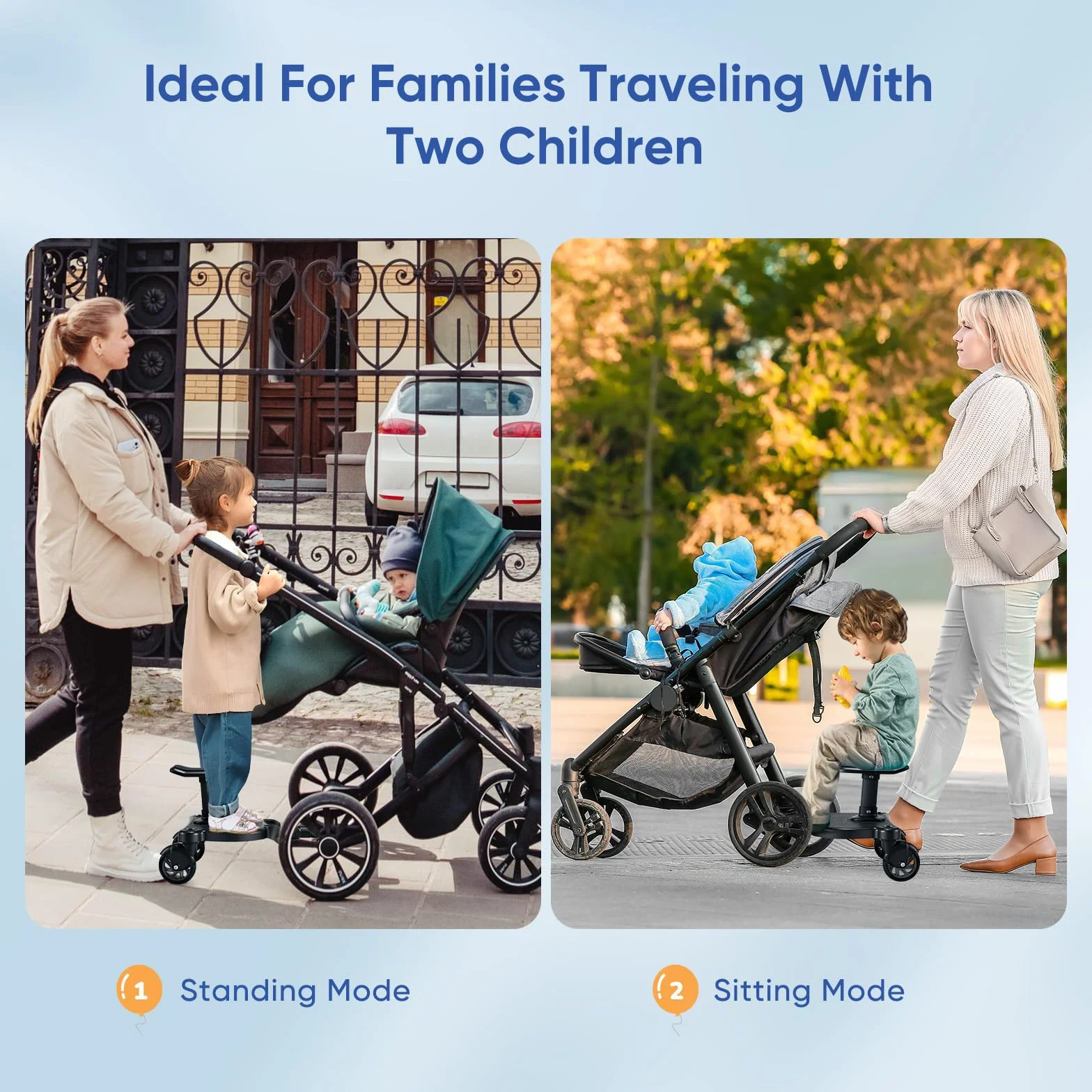 Pedana Passeggino Universale con Sedile, Tavola Passeggino con Borsa Portaoggetti per Passeggino e Fune di Sospensione, Buggy Board per Bambini da 2 a 6 Nnni (25KG)