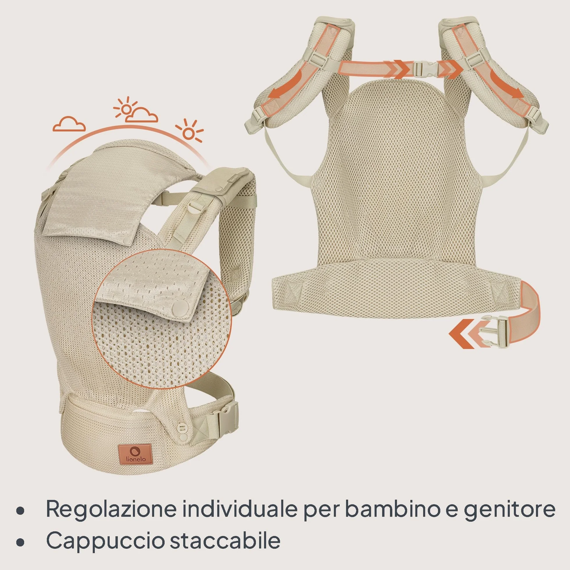 LIONELO Marsupio Ergonomico Neonato Margareet Air da 4 Mesi a 20 kg, 3 Posizioni Materiale Traspirante Cappuccio staccabile Doppia Protezione Marsupio per Bambini