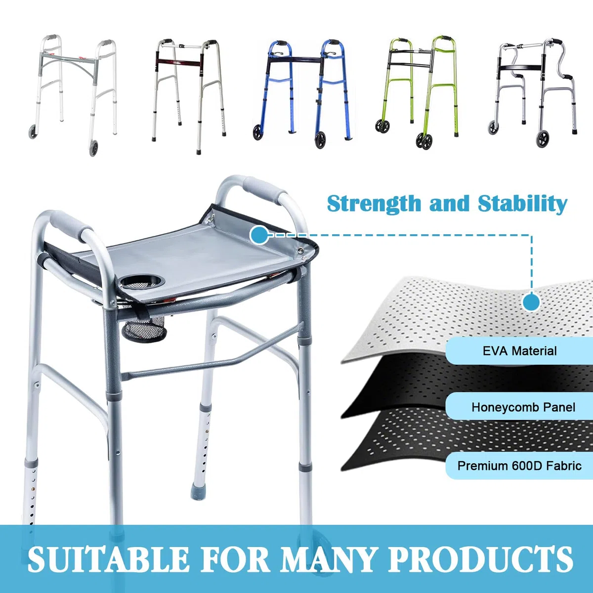 Vassoio Walker con portabevande universale Walker Tray per anziani, vassoi per passeggiate, bordi rialzati, impermeabile, con design da 10 lbs per anziani e disabili