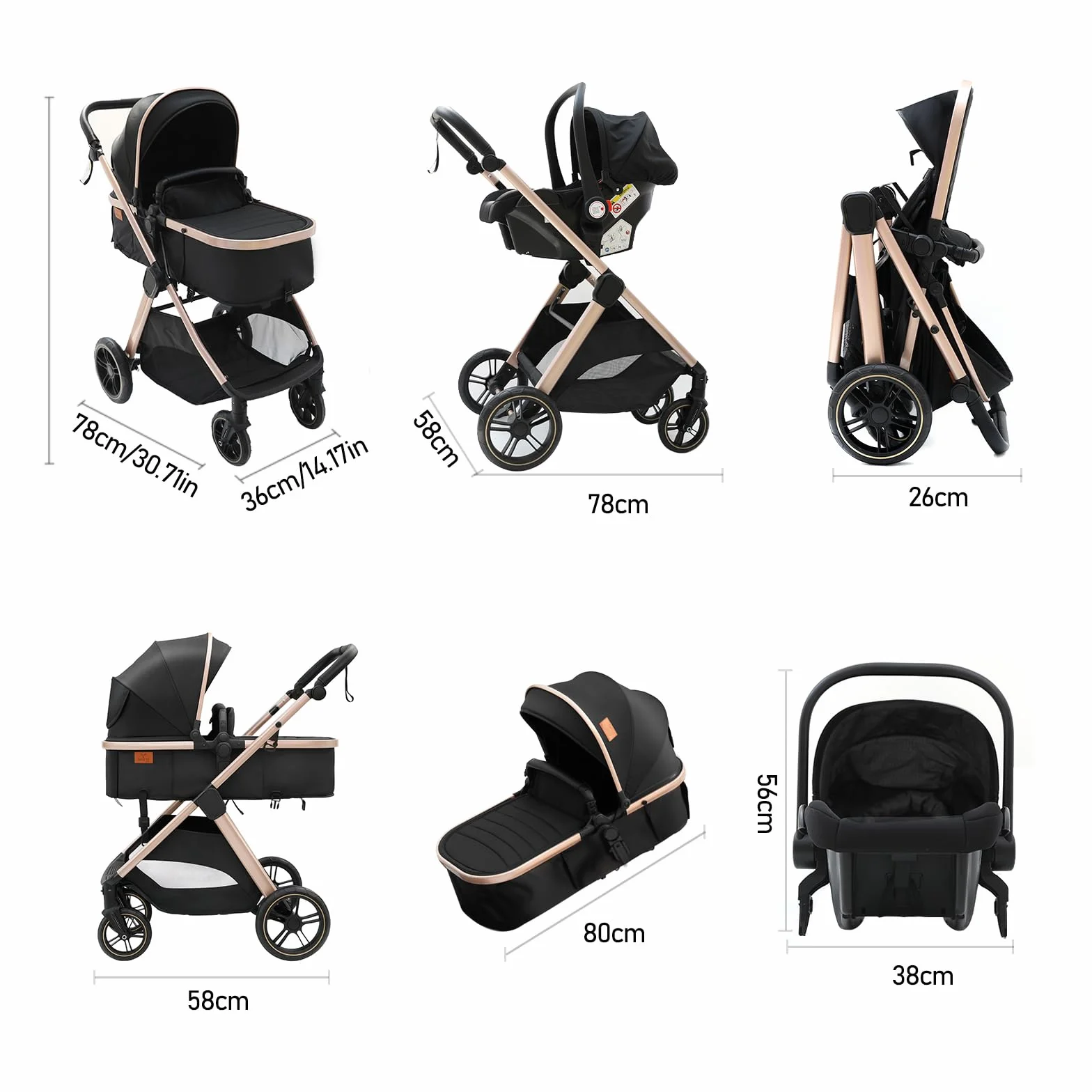 Passeggino 3 in 1, Trio Neonati da Viaggio Reversibile, Passeggino Pieghevole One-Click e Accessori Completi, Doppia Modalità di Freno per Ruote Anteriori e Posteriori