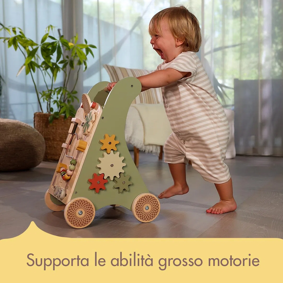 Tiny Love Walk Behind Carrello Primi Passi in Legno e Centro Attività Montessori, 12 Giochi Interattivi, Supporta Capacità Motorie e Sviluppo, Ruote Gommate Antiscivolo, 18+ Mesi, Boho Chic
