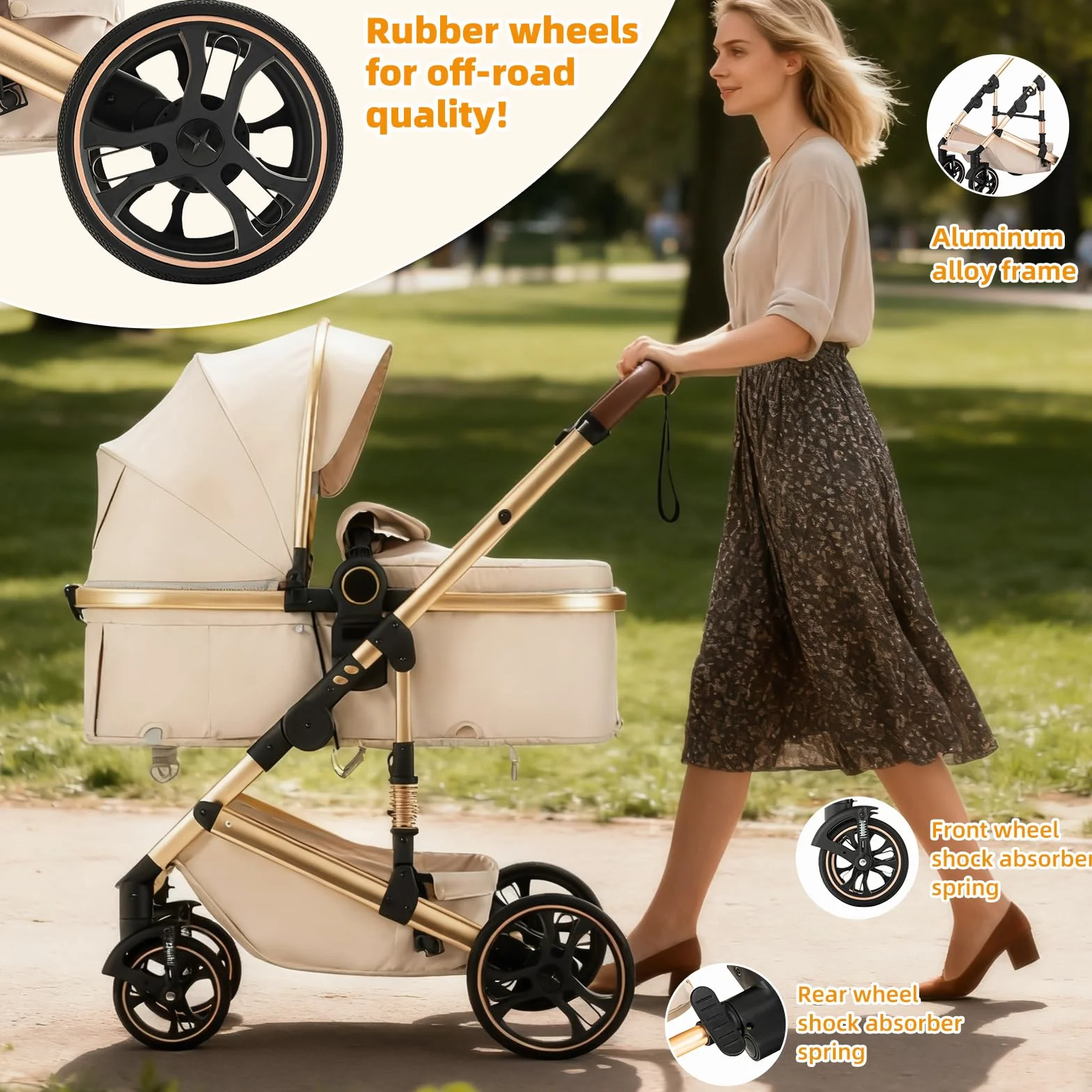 Passeggino 3 in 1 Grandi Ruote Pneumatici in Gomma Carrozzina Ovetto Schienale Regolabile Reclinabile (H9/PINK)