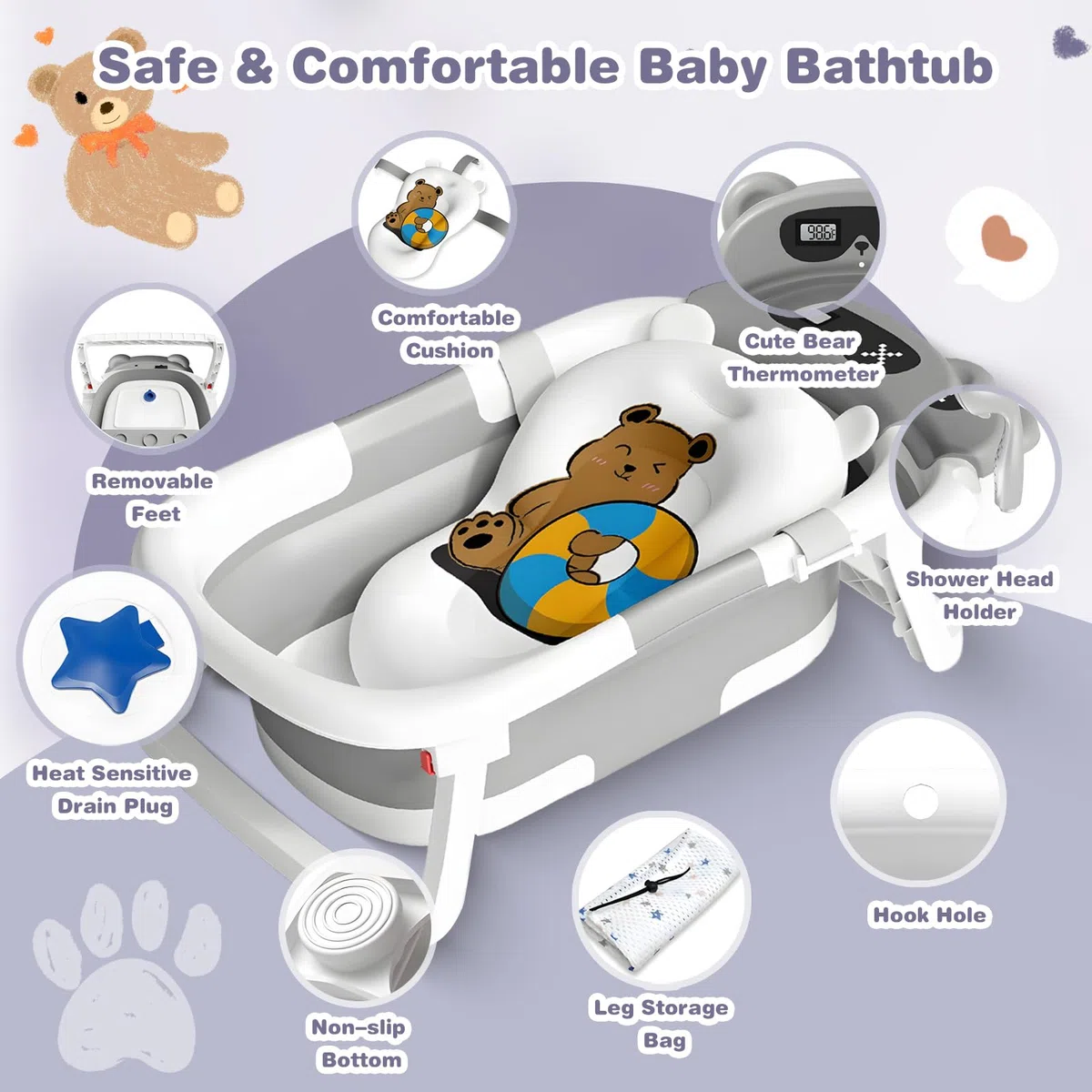Vaschetta Bagnetto Neonato Pieghevole, Vasca da Bagno Portatile Con Materasso a Cuscino e Termometro, Vasca Neonato Bagnetto Per Neonati E Bambini, Portatile, Salva Spazio