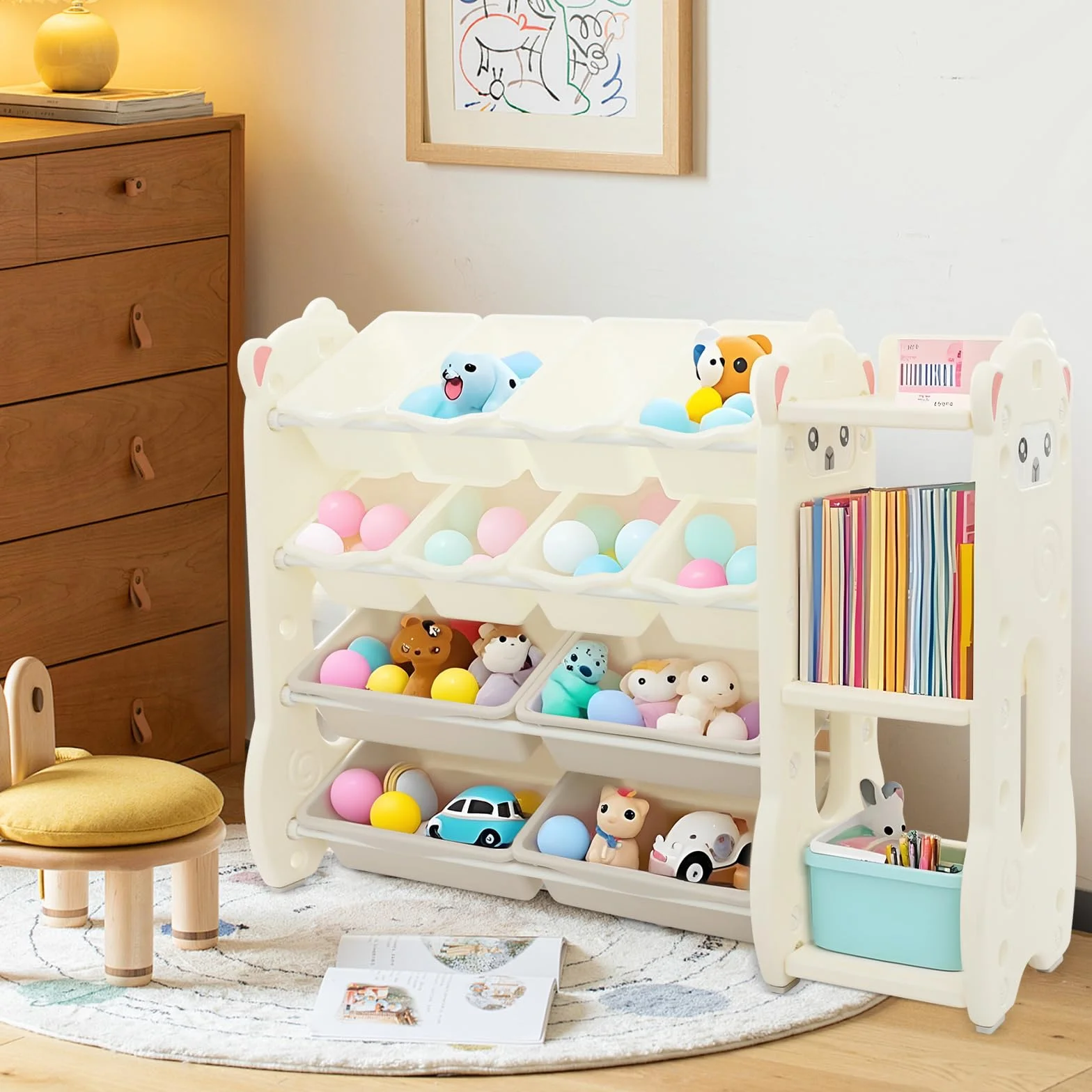 Scaffale per giocattoli per bambini con 12 vani portaoggetti, angoli arrotondati e imbottitura antiscivolo