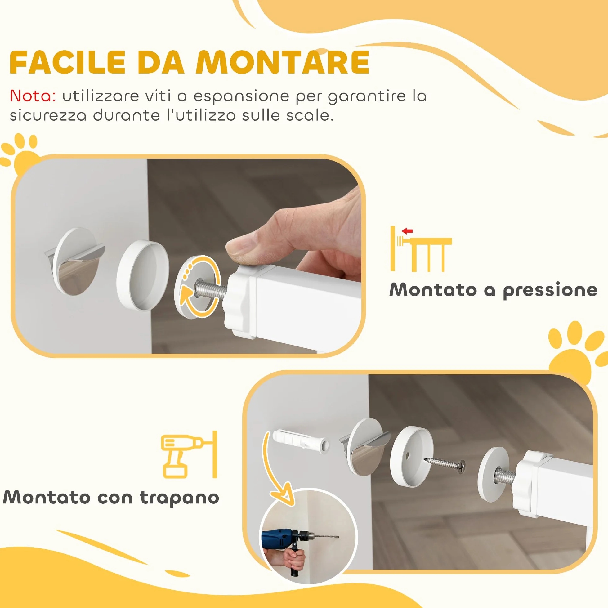 PawHut Cancelletto di Sicurezza per Cani con Fissaggio a Pressione, Cancellino per Cani Estensibile 76-97cm per Scale e Porte, Bianco
