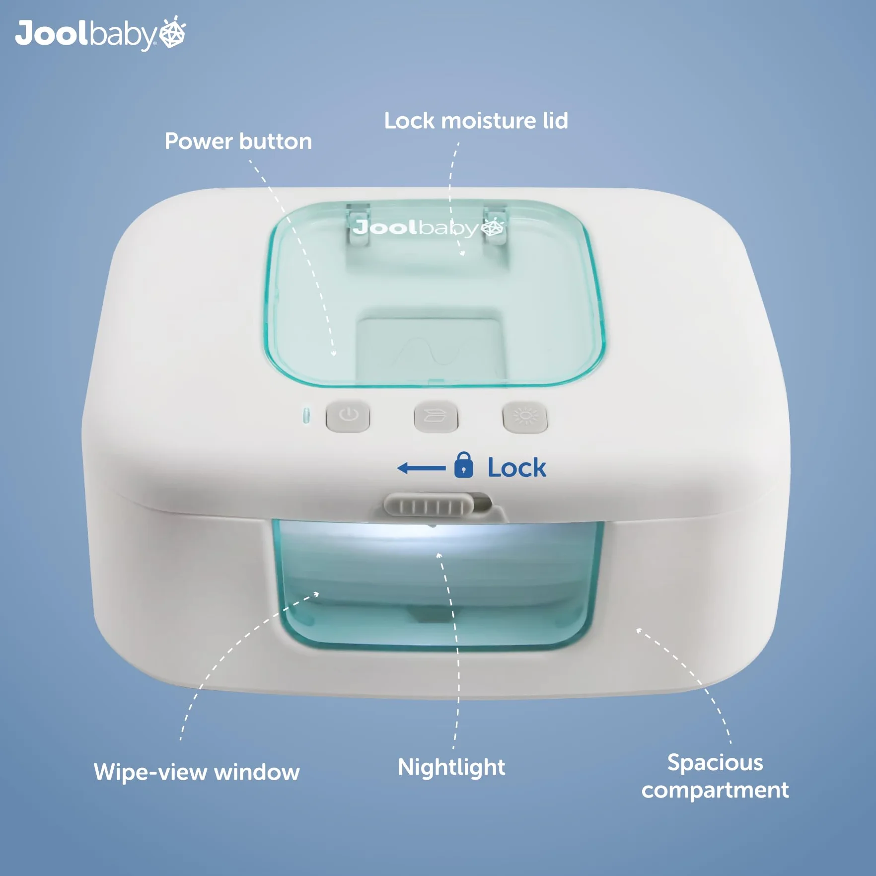 Jool Baby TinyBums Scaldasalviette Dispenser LED Luce Cambia Interruttore On/Off Aqua