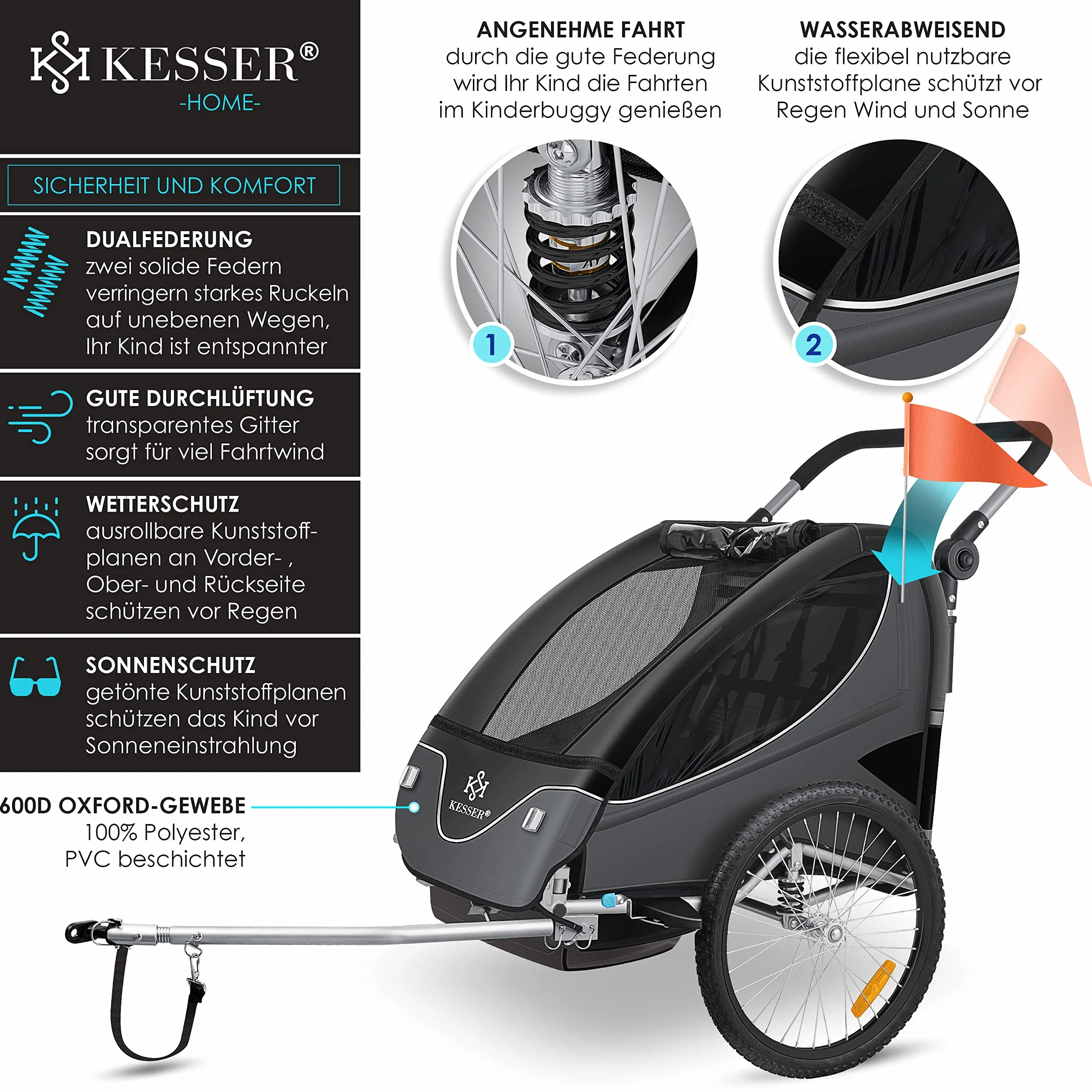 KESSER® Rimorchio per Bambini 2in1 Jogger, Ruotabile a 360°, Sospensioni, Cintura 5 Punti, max. 40kg