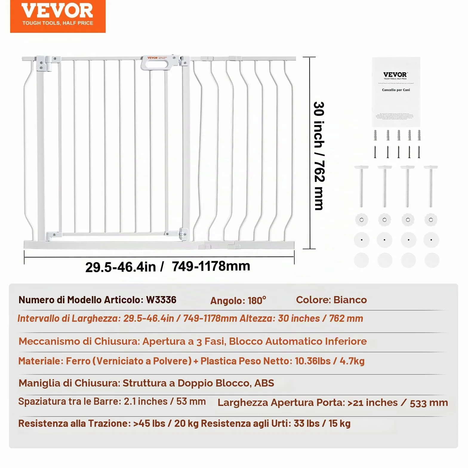 VEVOR Cancelletto di Sicurezza per Bambini Larghezza Espandibile 75-123 cm Altezza 76 cm Cancello per Cani Gatti Scale Porte Corridoi Bianco