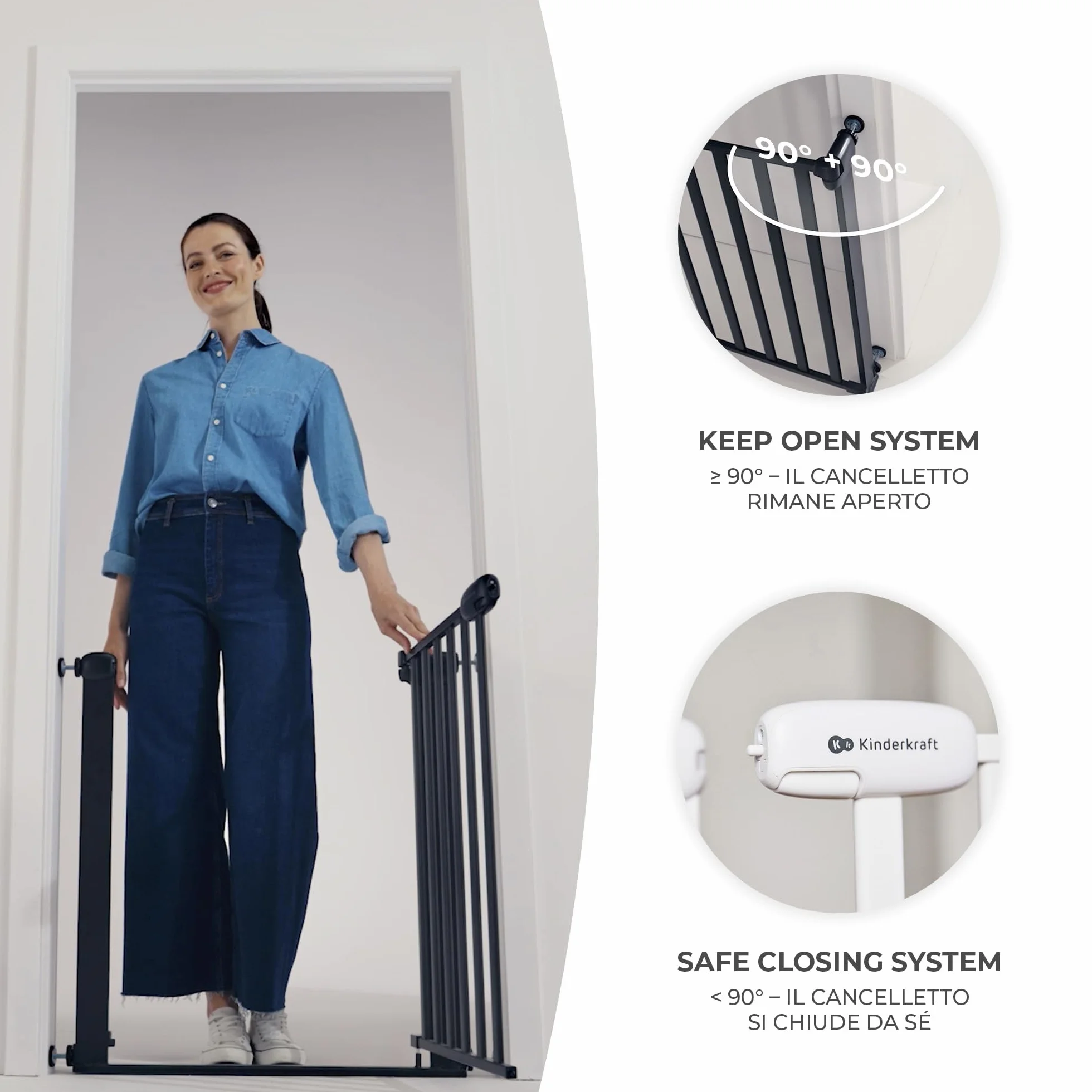 Kinderkraft LOCK&GO Cancelletto di sicurezza da 75-103 cm, Chiude automaticamente di 90 gradi, Doppio dispositivo di sicurezza, Previene di inciampare, Nero