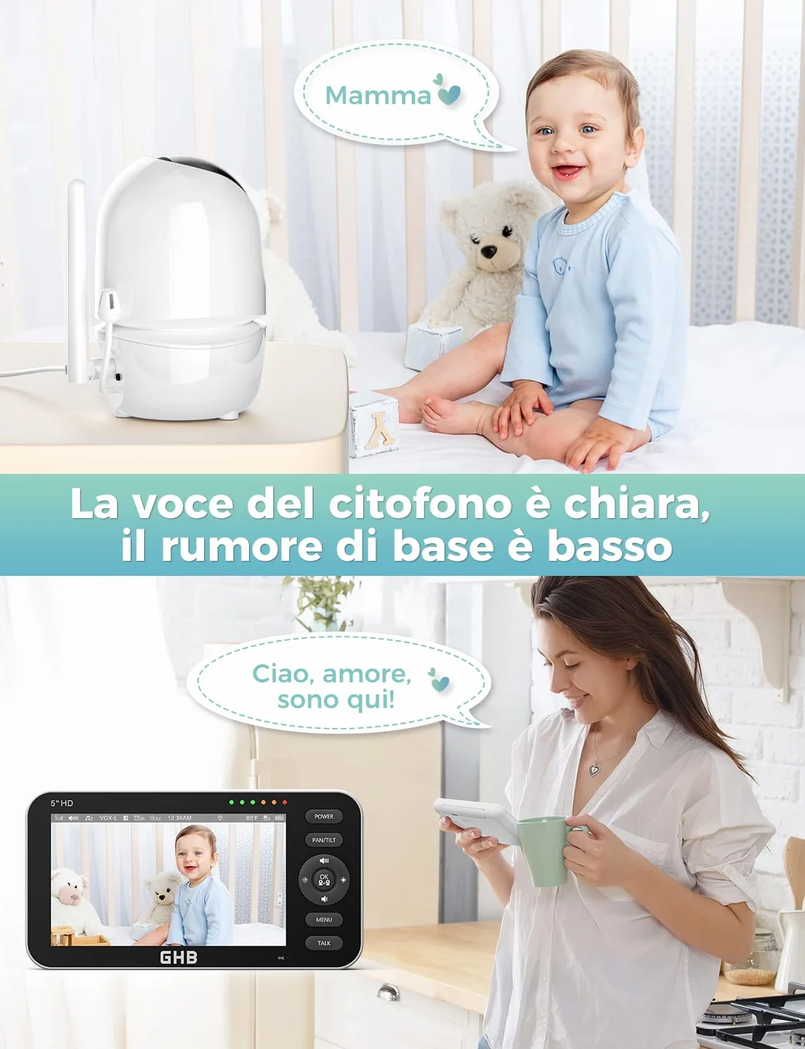 GHB Baby Monitor Video e Audio Videocamera Schermo 5'' 350°/110° Comunicazione Bidirezionale VOX Visione Notturna Monitoraggio Temperatura
