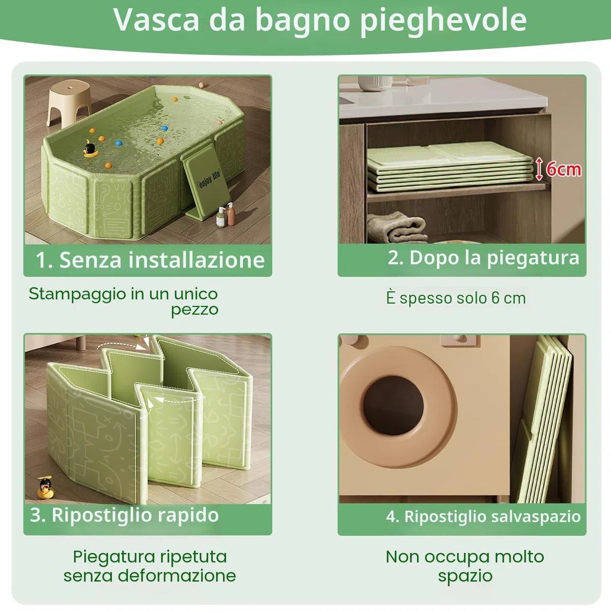 Vasca da Bagno Pieghevole per Bambini, Multiuso e Salvaspazio, Adatta da 0 a 8 Anni, Vaschetta Bagnetto Neonato Pieghevole con Tappo di Scolo, Vasca da Bagno Portatile per Bambini (Verde)