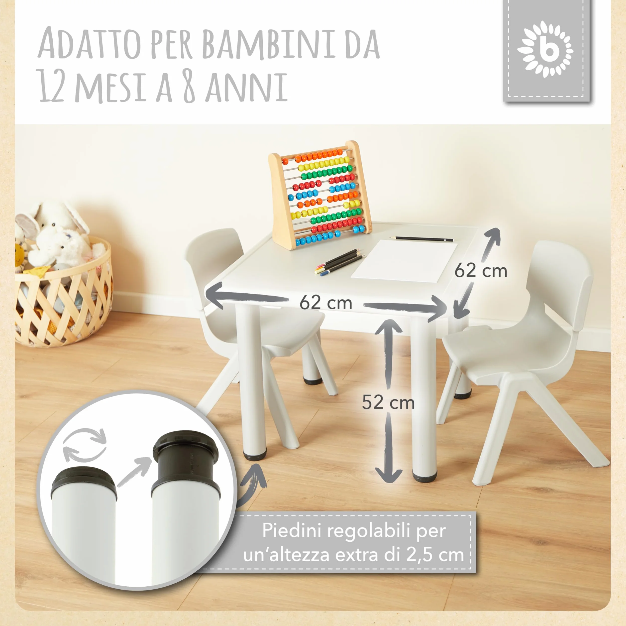 Bieco Tavolo per bambini con 2 sedie impilabile antiribaltamento per interni ed esterni