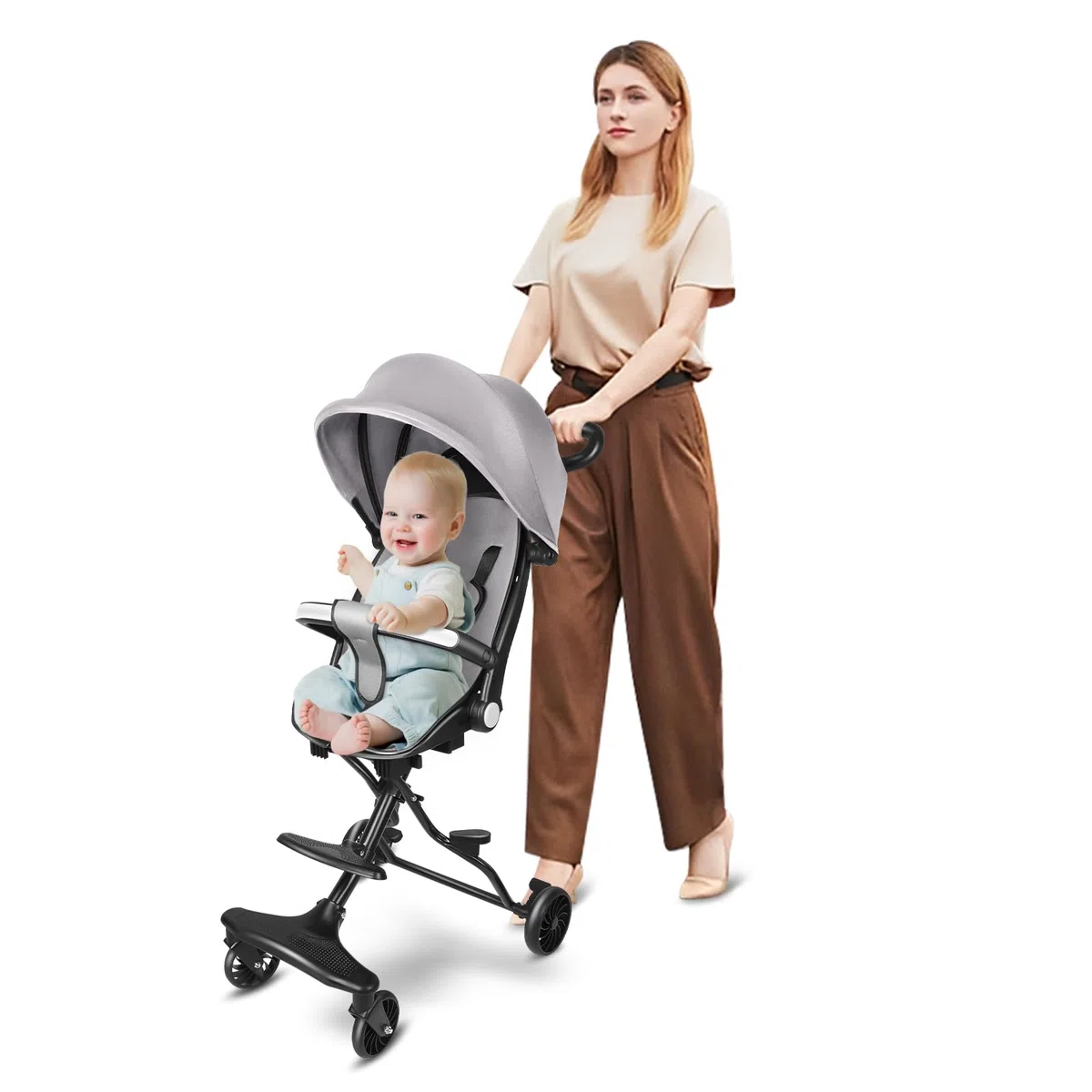 Passeggino Canne, 0-4 anni, 0-25 kg, leggero e compatto, posizione allungata, pieghevole automatico, 30 x 55 x 86,5 cm, grigio