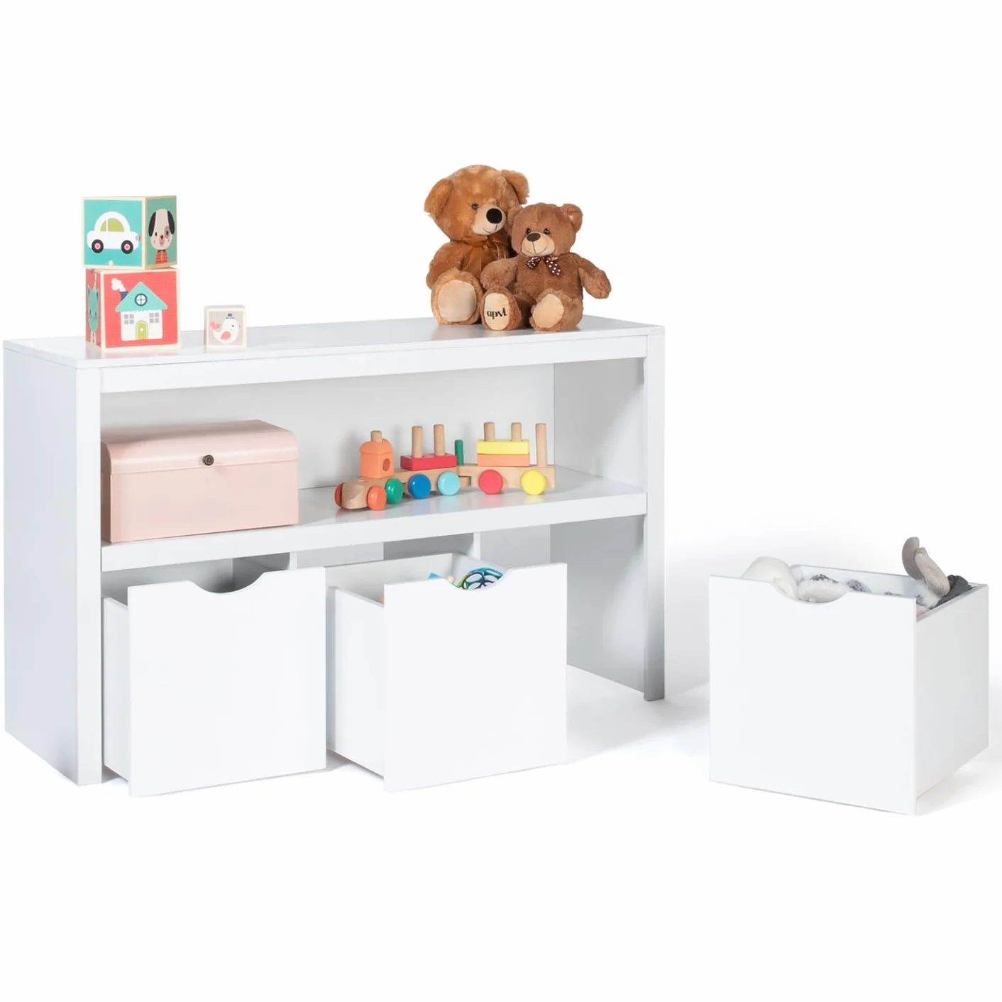 IDMarket - Libreria per bambini MANA in legno bianco con 3 cassetti cubici su rotelle