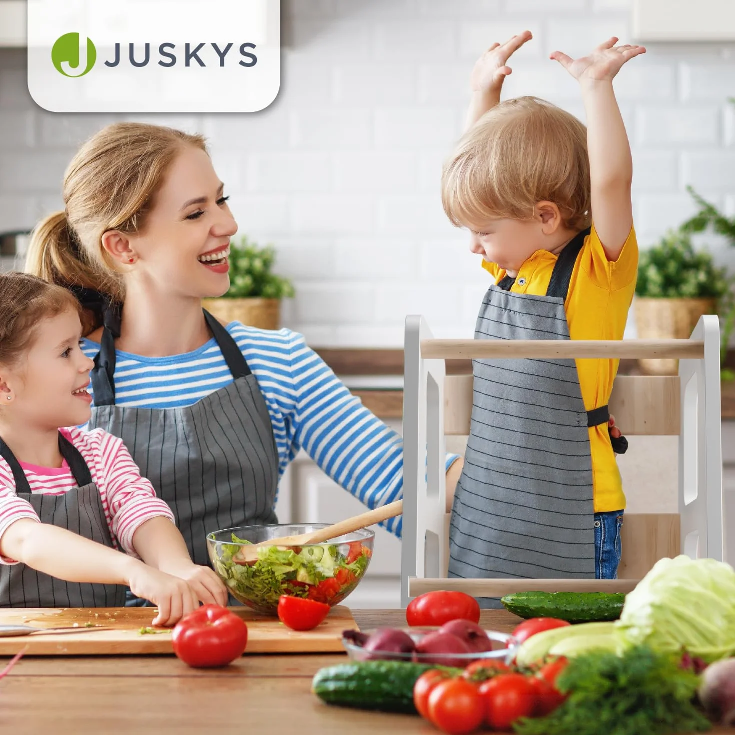 Juskys torre didattica Henny per bambini 1 anno Montessoriana tripla regolazione altezza antiribaltamento sgabello cucina bianco