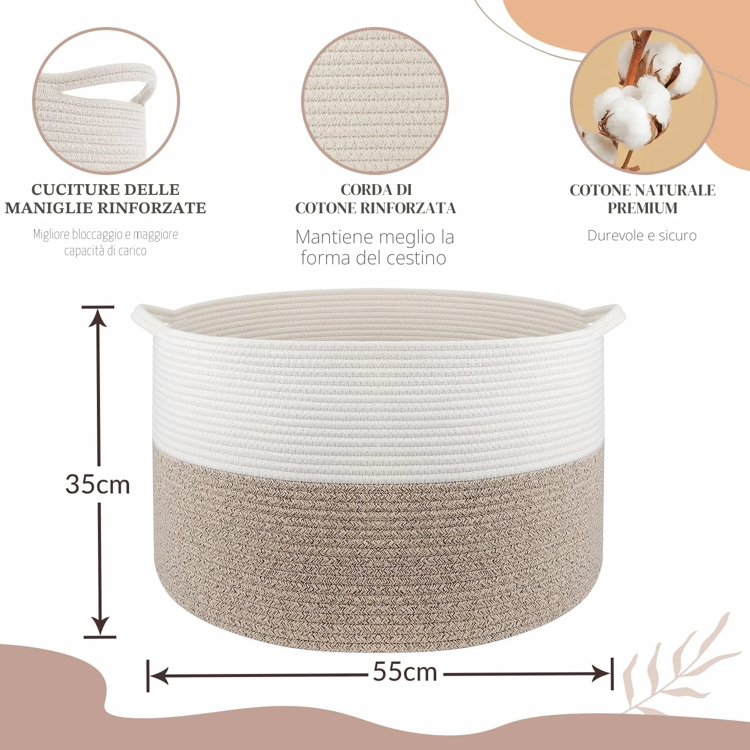Maliton Cesto Portabiancheria Extra Grande 50x33 cm Bianco Marrone