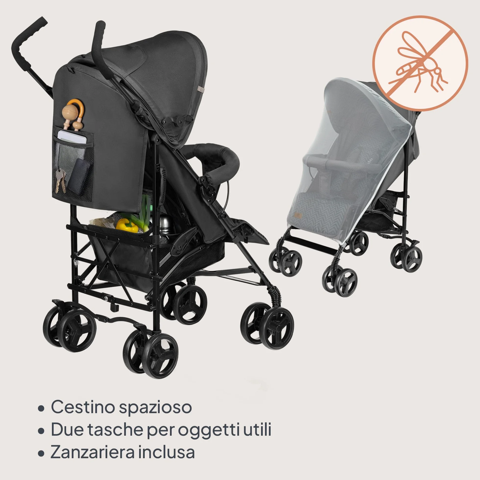 LIONELO Elia Passeggino Leggero Pieghevole 6 mesi 15kg Schienale Regolabile Sdraiata Cinture 5 Punti Cesta Cappottina