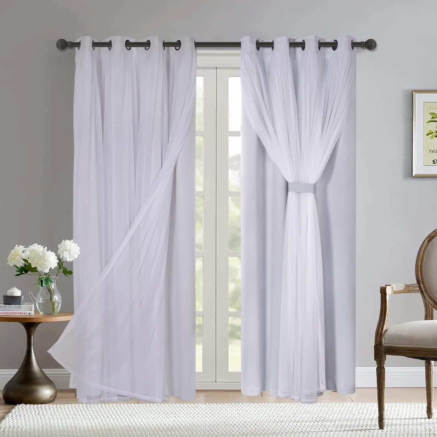 Bonzer Tende Oscuranti a Doppio Strato Bianco Grigio 132x213 cm Set 2 Pannelli