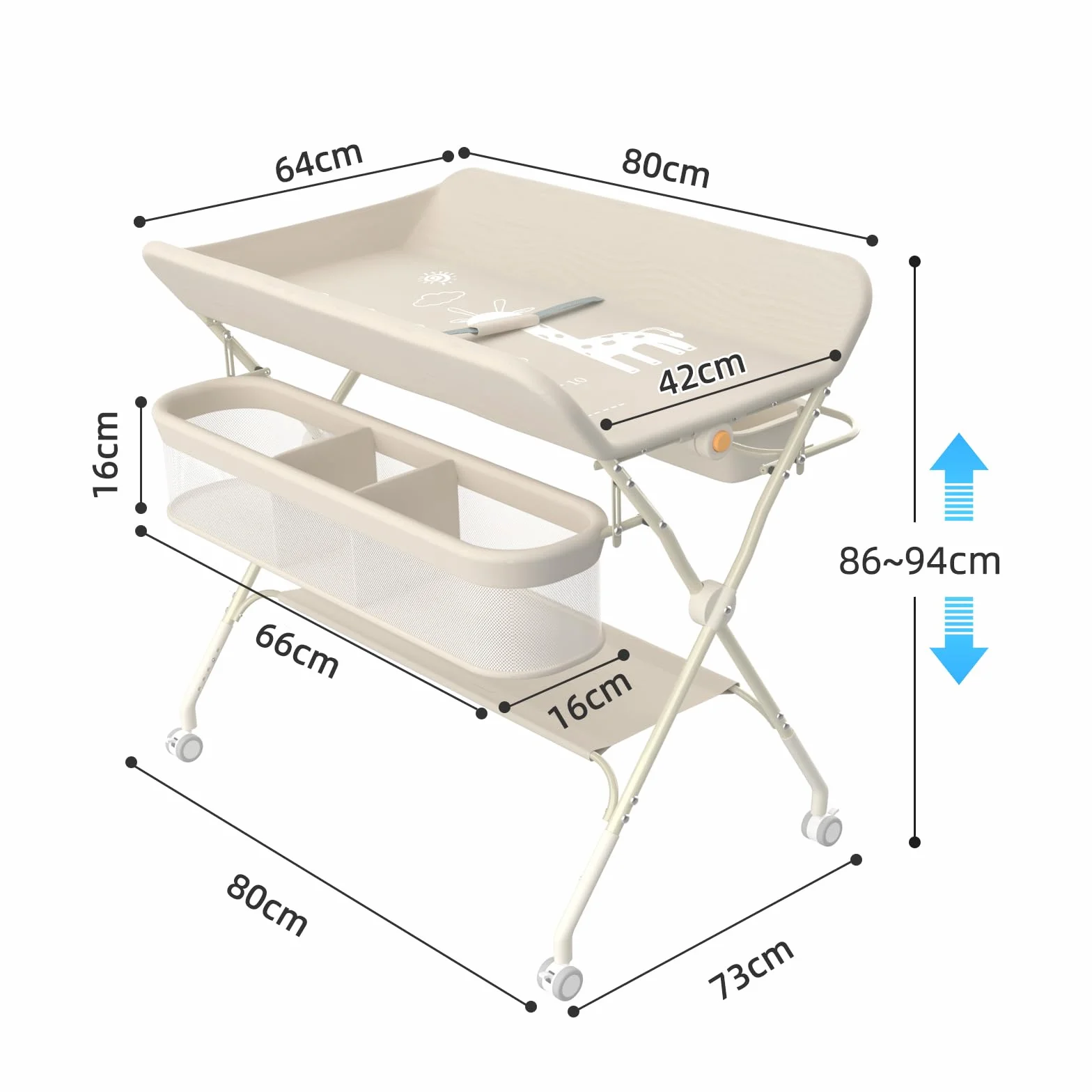 OHMG Fasciatoio pieghevole per Neonati, Tavolo Cambio Pannolini Multifunzionale Portatile, 0-36 Mesi, Organizer per Pannolini, Ruote a 360° Freno, Imbracatura e Protezione di Sicurezza, Lavabile