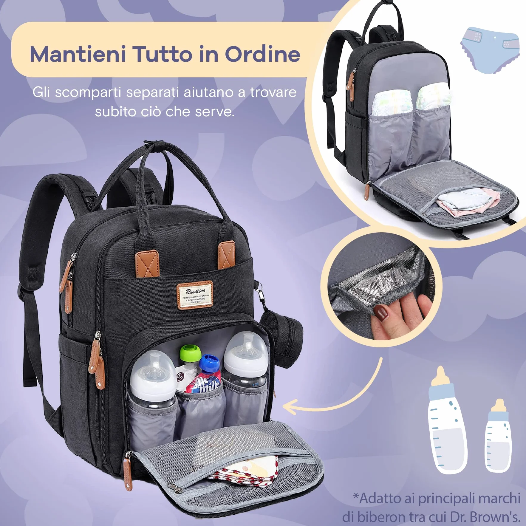 RUVALINO Borsa Zaino Fasciatoio Multifunzione con Porta Ciuccio e Cinghie per Passeggino