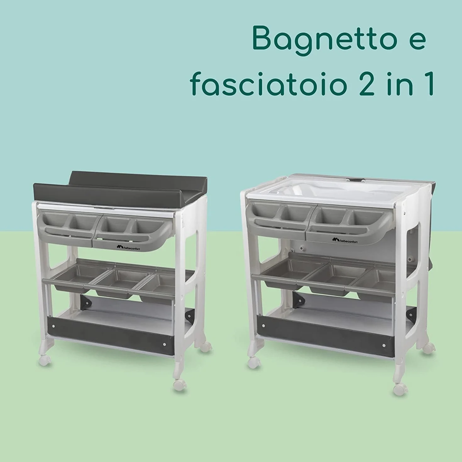 Bebeconfort Dolphy Fasciatoio 2 in 1 con Vaschetta Bagnetto, 0-12 Mesi (max 11kg), Ruote, Cassettiera, Grey Mist