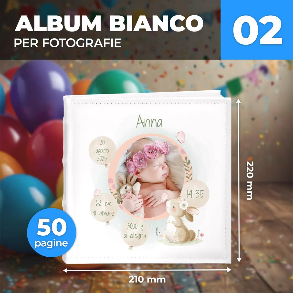 Maverton Album Fotografico Personalizzato - Album foto per neonata - Copertina in Pelle Sintetica Bianca Personalizzata con Stampa - 100 pagine - 200 foto 10x15 cm - regali neonata - Coniglio