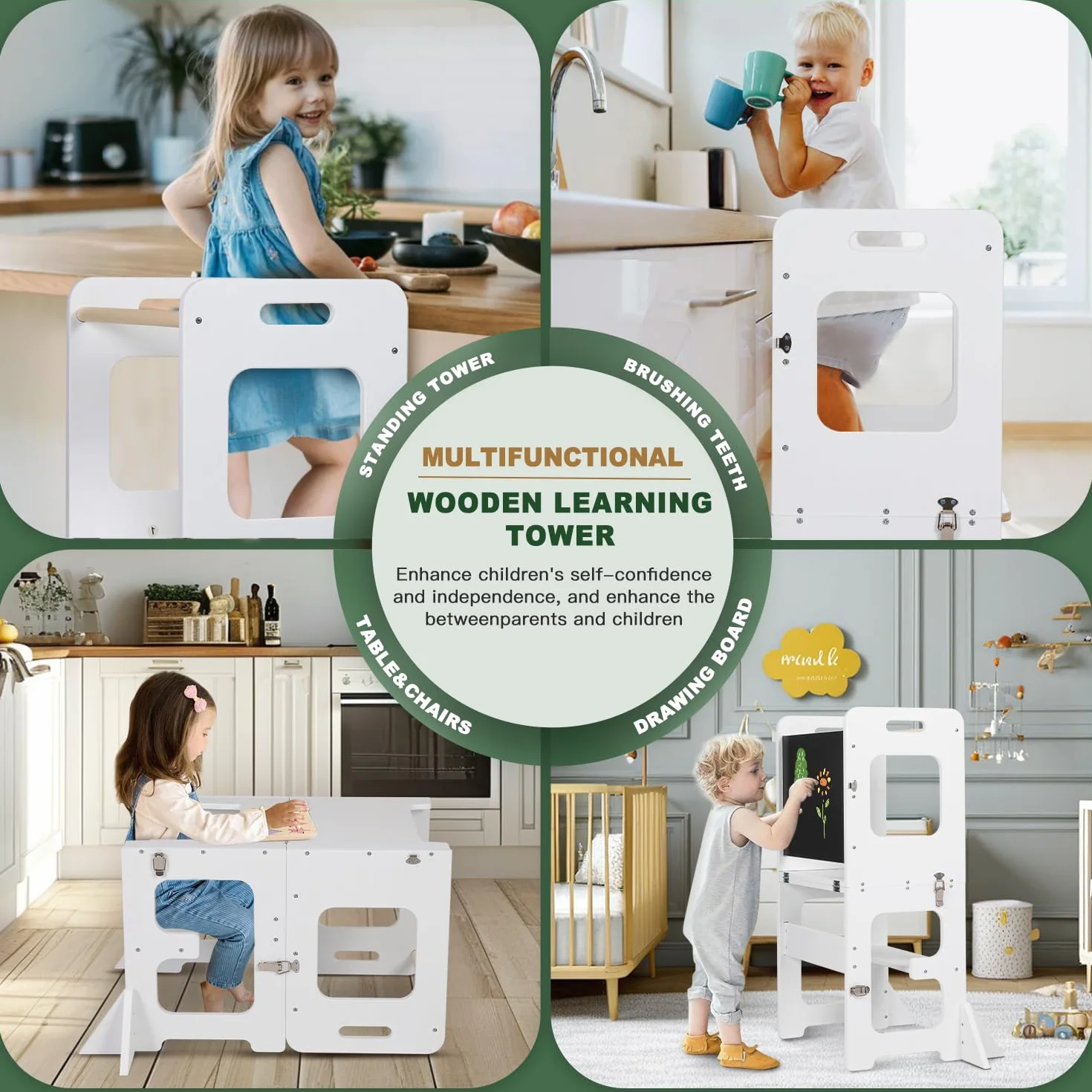 Labebe Torre Montessoriana Pieghevole 3-in-1 Apprendimento con Tavolo da Disegno Legno per Bambini 18+ Mesi Bianco