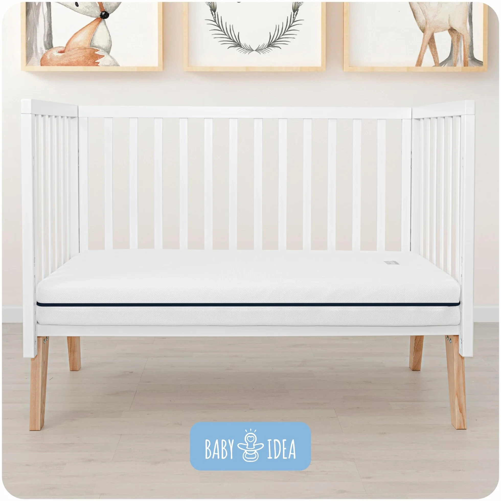 baby idea Materasso Lettino Neonato Antisoffoco Sfoderabile a Norma EN16890:2017+A1:2021 Lavabile Materasso Culla Neonato Ipoallergenico, Ergonomico per tutte le Stagioni (Bianco/Blu, 64x124)