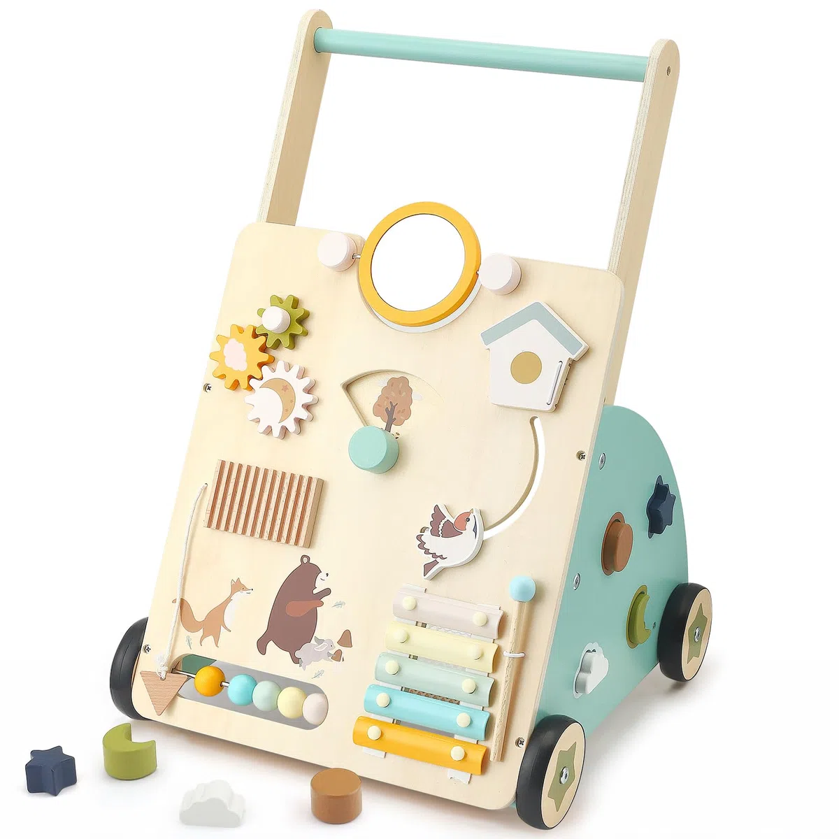 Carrello Primi Passi in Legno per Bambini,10 in 1 Baby Activity Center Push Walker regolabile, Girello Montessori con Centro Attività,da 10 mesi a 1-2 anni,Baby Walker Regali di Compleanno