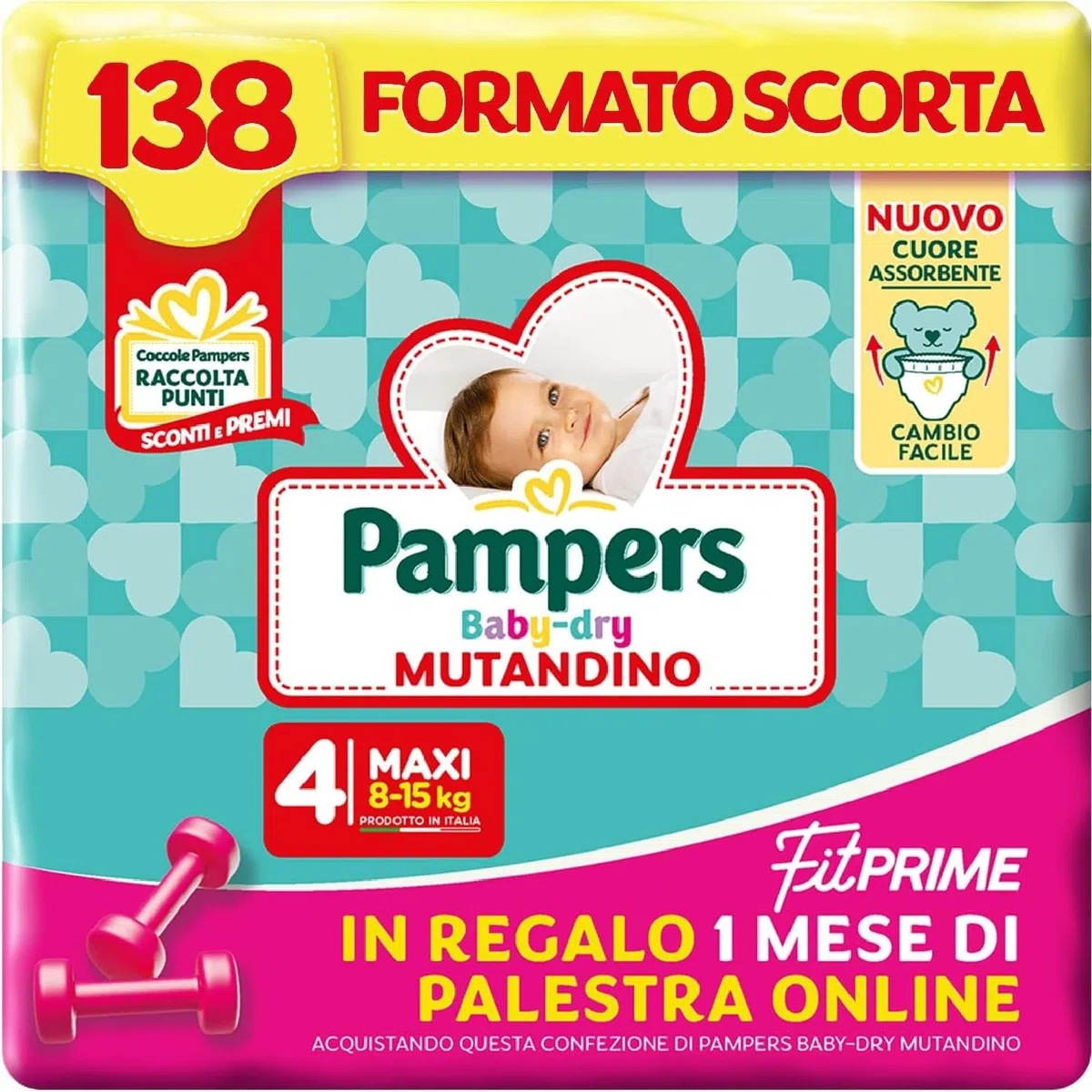 Pampers Baby Dry Mutandino & Fit Prime Maxi, Formato Scorta, 138 Pannolini, Taglia 4 (8-15 Kg), 1 mese di palestra online in Omaggio
