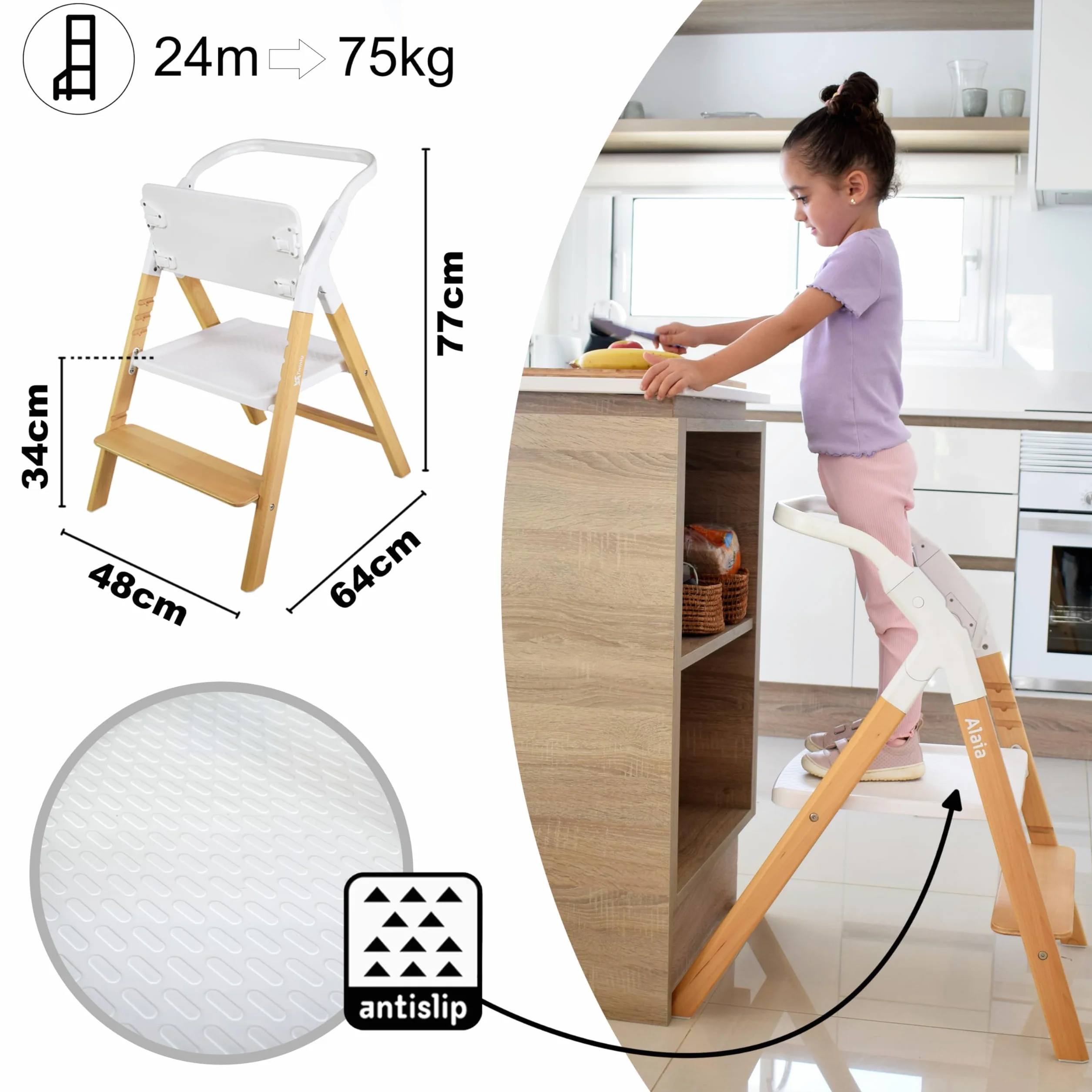 Seggiolone Pappa Evolutivo 5 in 1 Multifunzione Dondolo Torre di Apprendimento Sedia Pieghevole Ergonomica Legno di Faggio Alaia