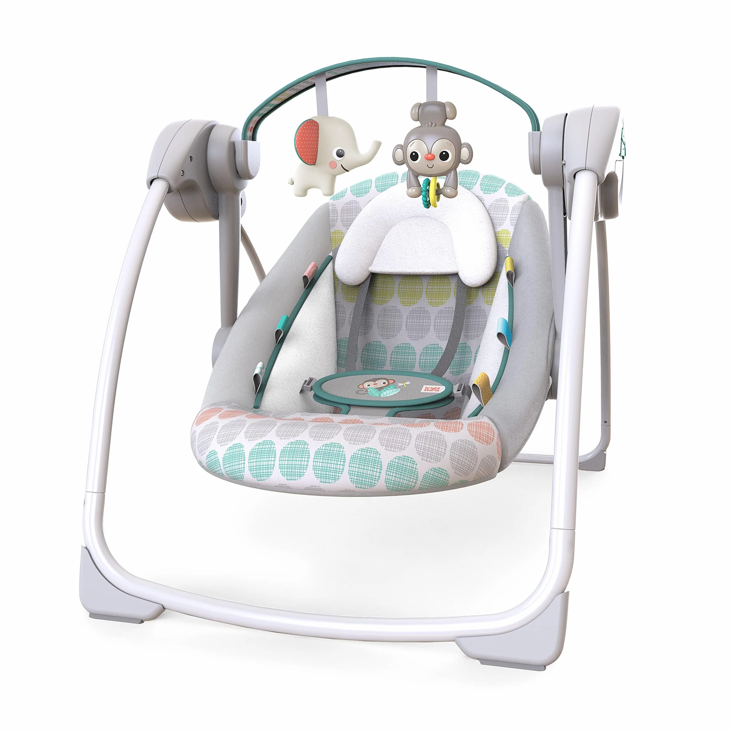 Bright Starts Altalena Automatica Portatile a 6 Velocità per Bambini, Compatta e Pieghevole, Musica, Barra Giocattoli, 0-9 Mesi 3-9 kg (Whimsical Wild)