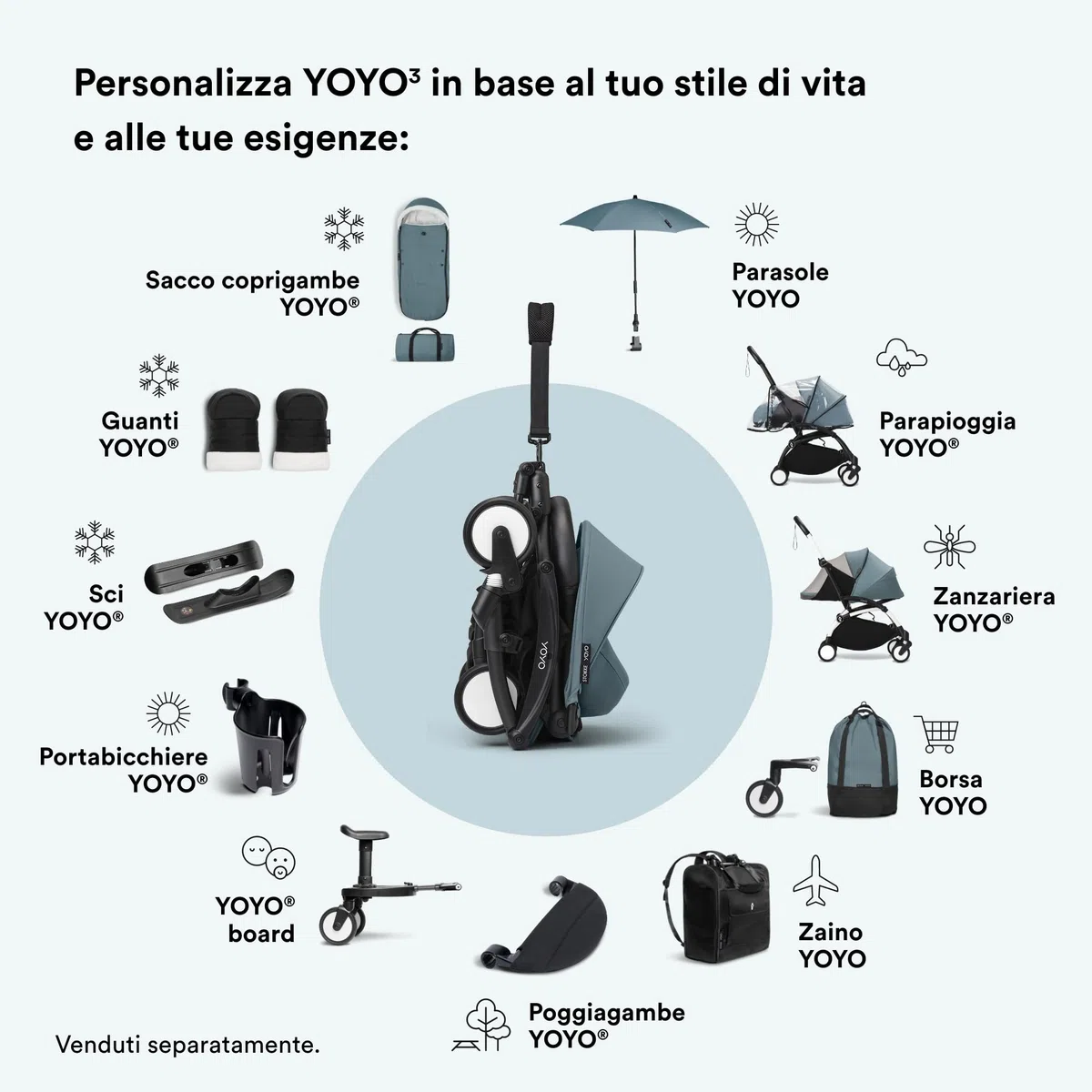Stokke YOYO 0+ Newborn Pack, Aqua - Include materasso, capottina estendibile e allacciatura a 5 punti - Richiede telaio YOYO (venduto separatamente)