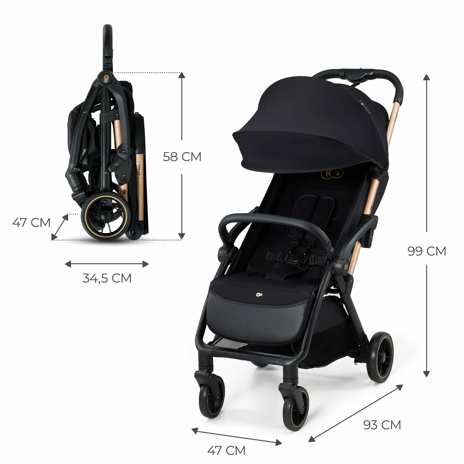 Kinderkraft APINO Passeggino Leggero 22 kg, 7,5 kg, Pieghevole Automatico, Nero
