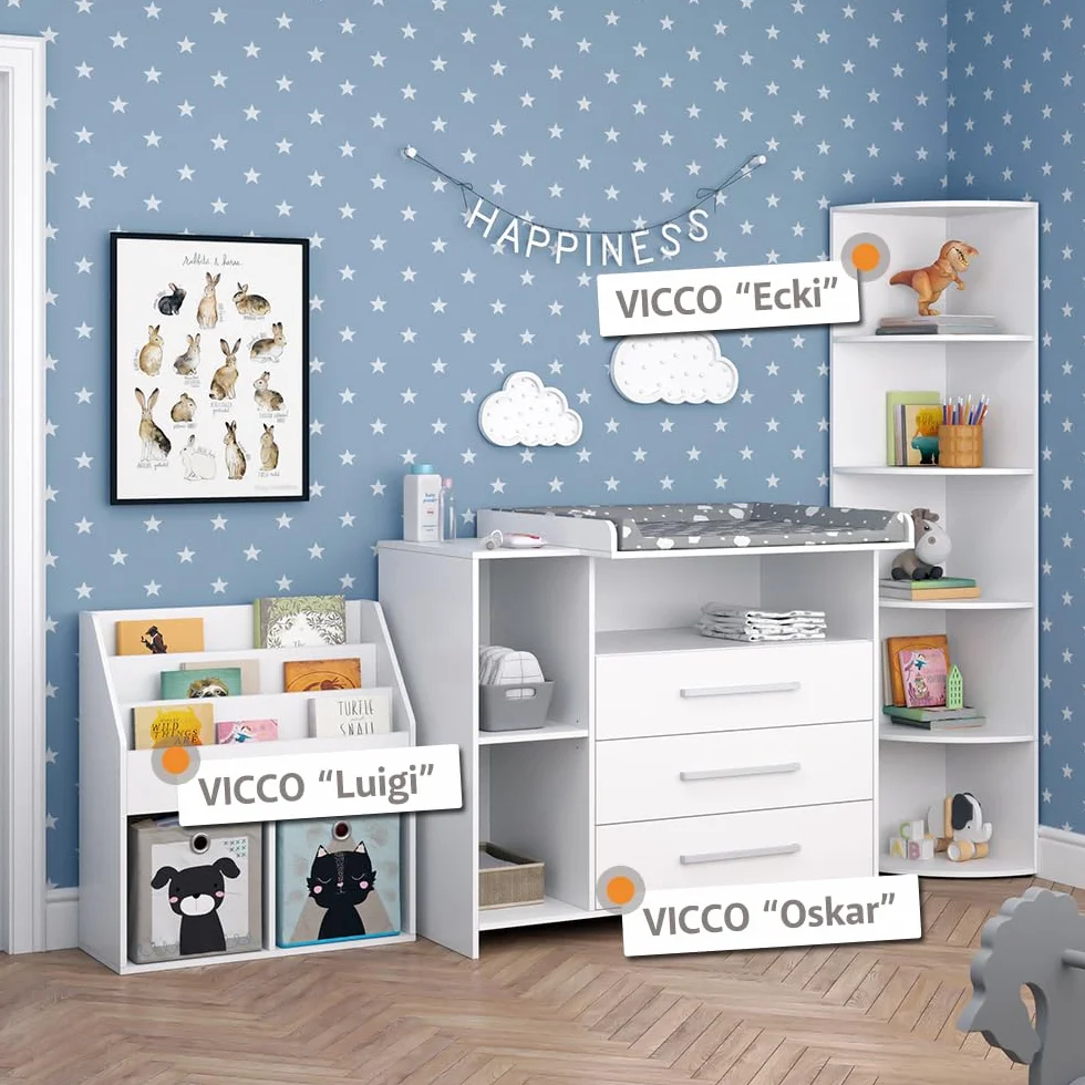 Vicco Set mobili bambini Oskar bianco 3 parti fasciatoio scaffale giocattoli libreria convertibile cassettiera