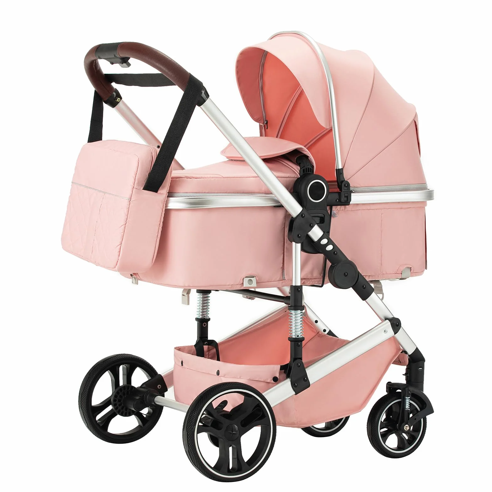 Passeggino 3 in 1 Grandi Ruote Pneumatici in Gomma Carrozzina Ovetto Schienale Regolabile Reclinabile (H9/PINK)