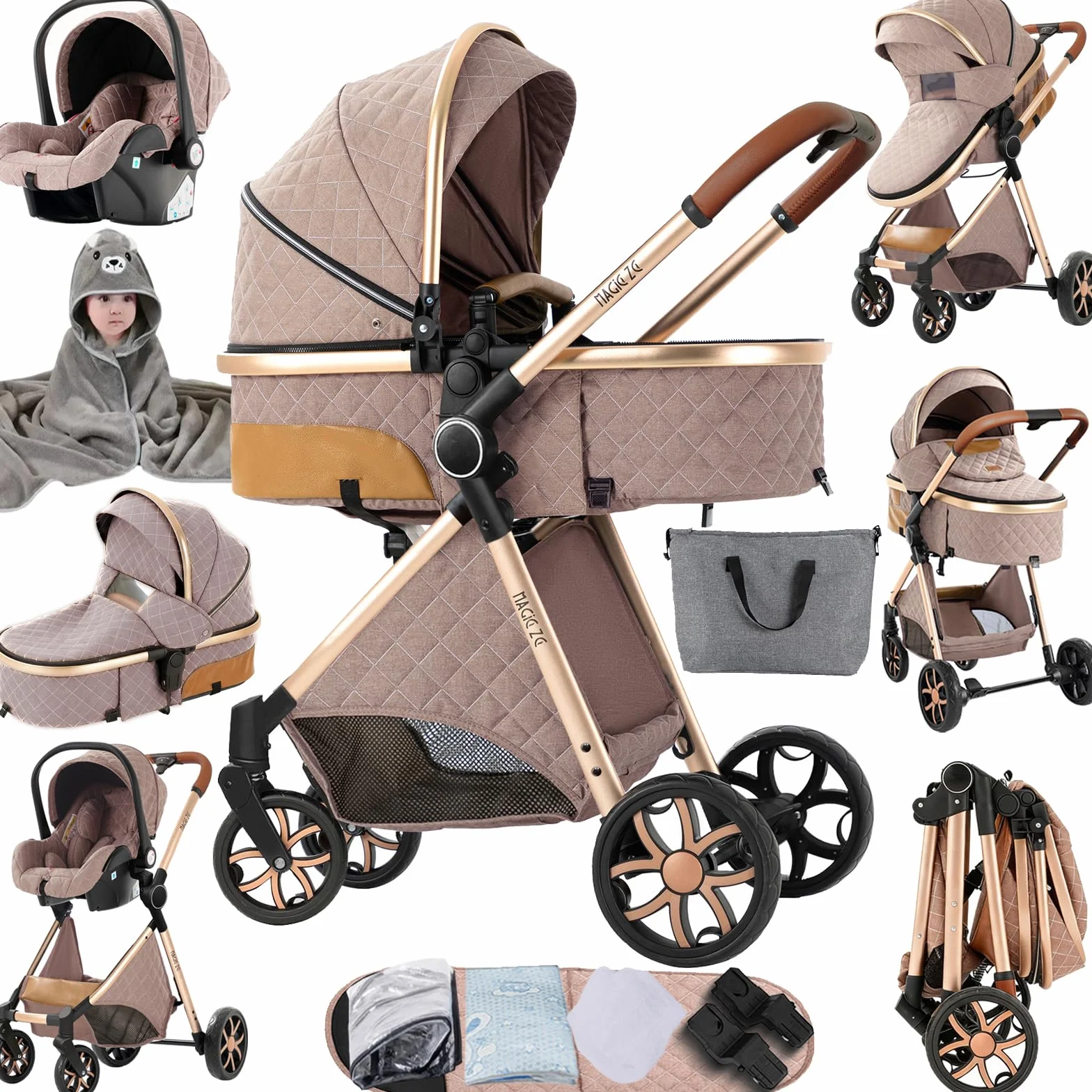 Passeggino 3 in 1 Trio Neonati Carrozzina Reversibile Spinta Bidirezionale Visione Aperta V9 Khaki