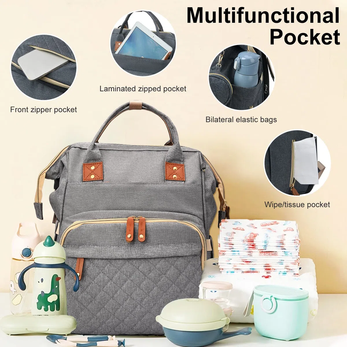 Towwoo Zaino Mamma Multifunzione, 35L Zaino Fasciatoio Neonato Portatile con Lettino Pieghevole, Grande Capacità Cambio Neonato Impermeabile per Bebè Passeggino, Porta di Ricarica USB