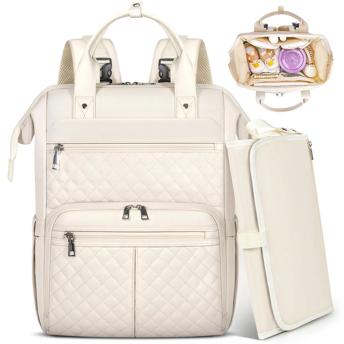 RAINSMORE Zaino Mamma Multifunzione con Fasciatoio Portatile e Grande Borsa Neonato Ganci per Passeggino per Mamma e Papà Bianco