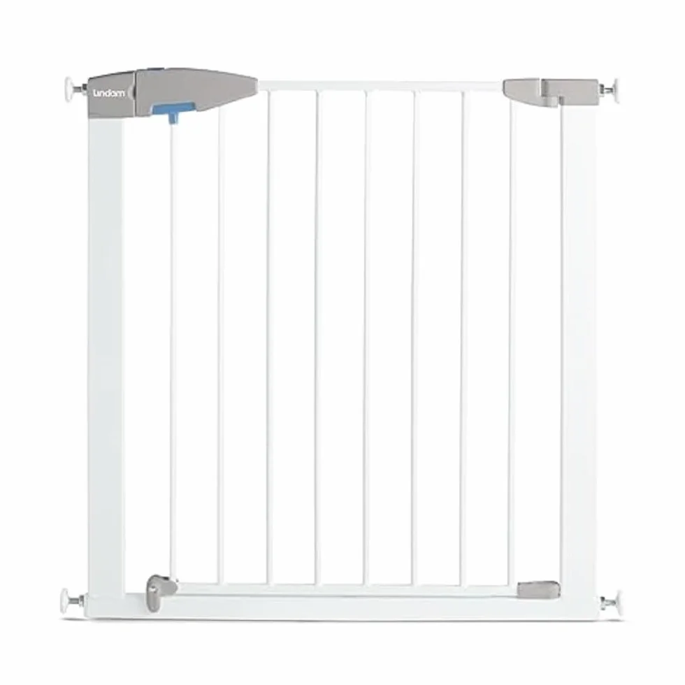 Munchkin Lindam Porte Cancelletto di Sicurezza per Bambini e Animali Domestici, Barriera per Scale e Vani Porta, Fissaggio a Pressione Senza Viti, Larghezza da 76 a 82 cm, Colore: Bianco