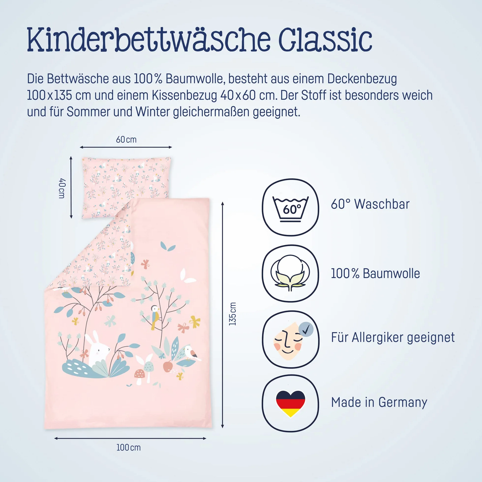 Julius Zöllner Biancheria da letto per bambini, 100% cotone, standard 100 by OEKO-TEX, made in Germany, dimensioni: 100 x 135 + 40 x 60 cm, colore: Rosalie