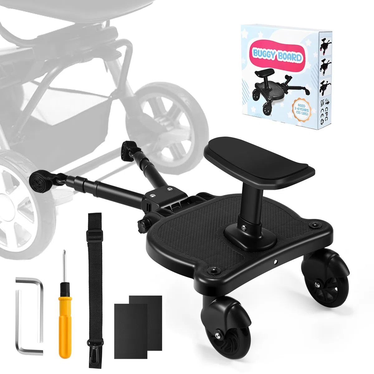 Pedana Passeggino Universale con Sellino,Tavolette Portatili per Passeggini Adatto al 99% dei passeggini, Design a due Ruote, Accessorio per Passeggino per Bambini di 2-6 anni 25 kg, Nero