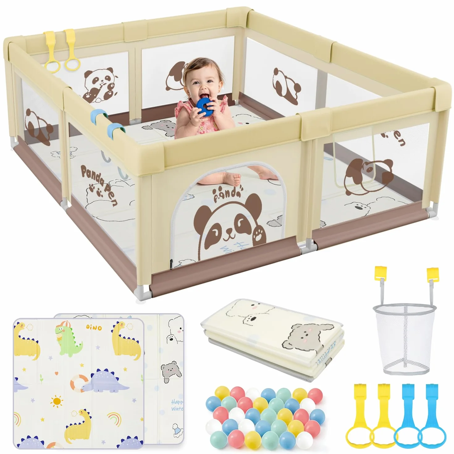 Box per bambini con tappetino da gioco, box per bambini e bambini con materasso, parco giochi stabile e sicuro (beige panda 120 x 120 cm)